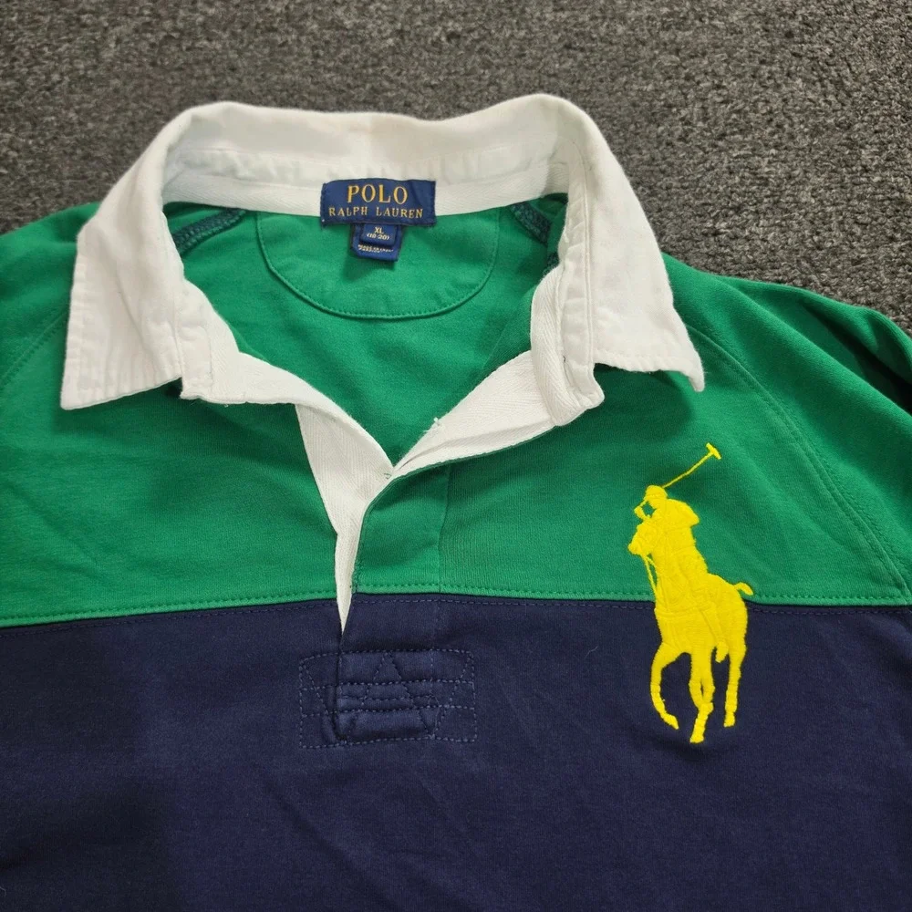 Polo Ralph Lauren Rugby Shirt Kids XL 18-20 Green Navy Blue Big Pony Graphic 2